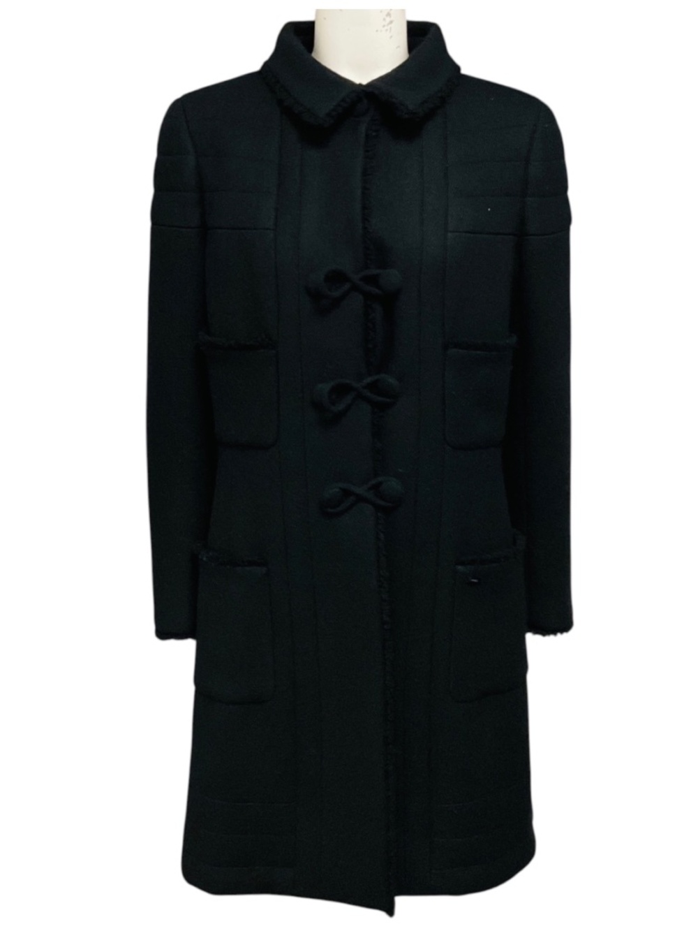 CHANEL BLACK VINTAGE 2006 SILK LINED MID LENGTH WOOL COAT WITH FRINGED TRIM